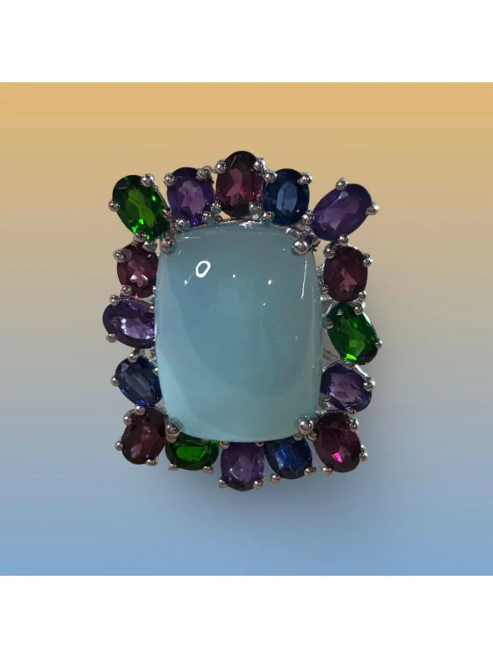 Multicolor Gemstone Sterling Silver Chalcedony Aqua Center Stone Statement Ring
